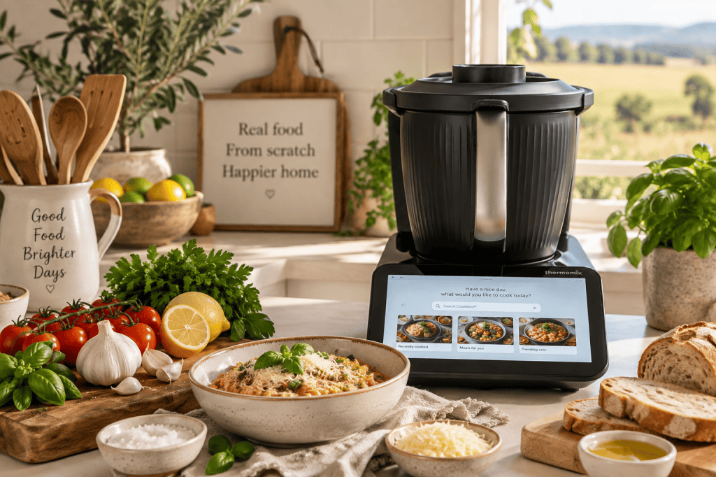 Thermomix® TM7 in a country-style kitchen with fresh ingredients and a homemade meal, representing simple from-scratch cooking at Gamble Creek Farm.