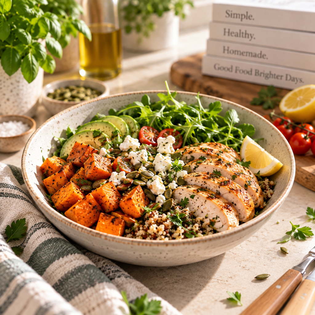 Healthy chicken bowl with roasted sweet potato, avocado, salad, quinoa and feta.