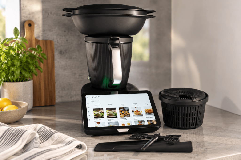 Thermomix TM7, with the Veroma, simmering basket and spatula ready for cooking while in the caravan. Starlink wifi in use. 