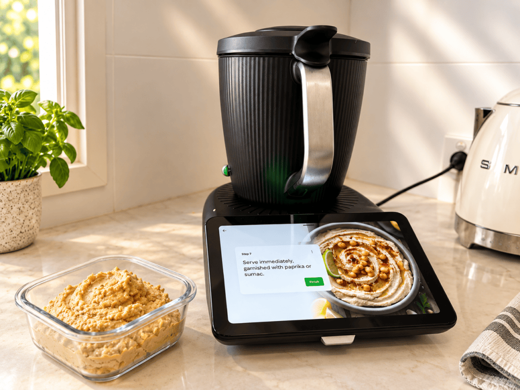Homemade hummus dip in a bowl, prepared using a Thermomix® TM7. Recipe in Cookidoo.