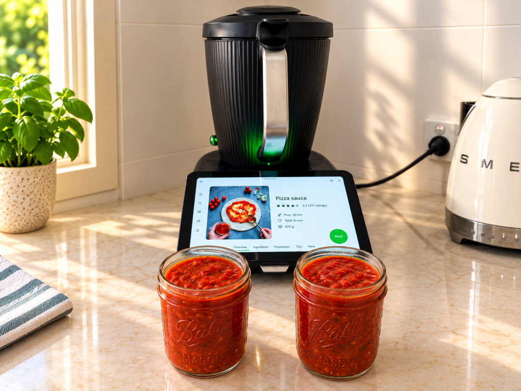 Homemade pizza sauce in glass jars beside a Thermomix® TM7 displaying a pizza sauce recipe.