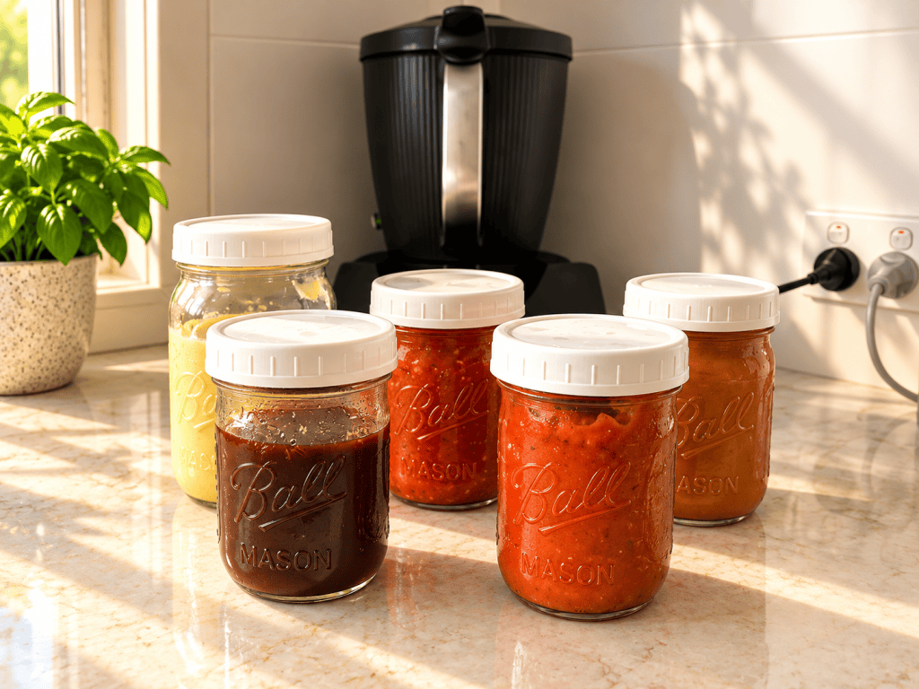 Selection of homemade sauces and condiments (ketchup, BBQ sauce, pizza sauce, Worcestershire sauce, talloow) in glass jars arranged in front of a Thermomix® TM7.