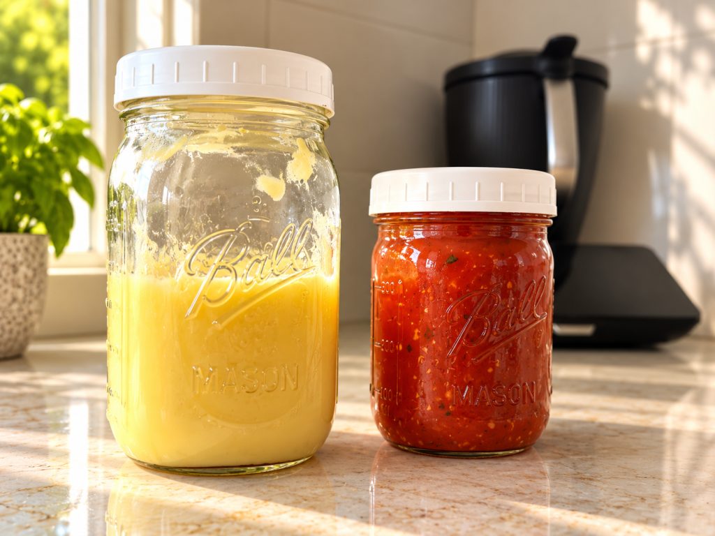 Two jars of homemade condiments, tallow and oizza sauce on a kitchen bench with a Thermomix® TM7 in the background.