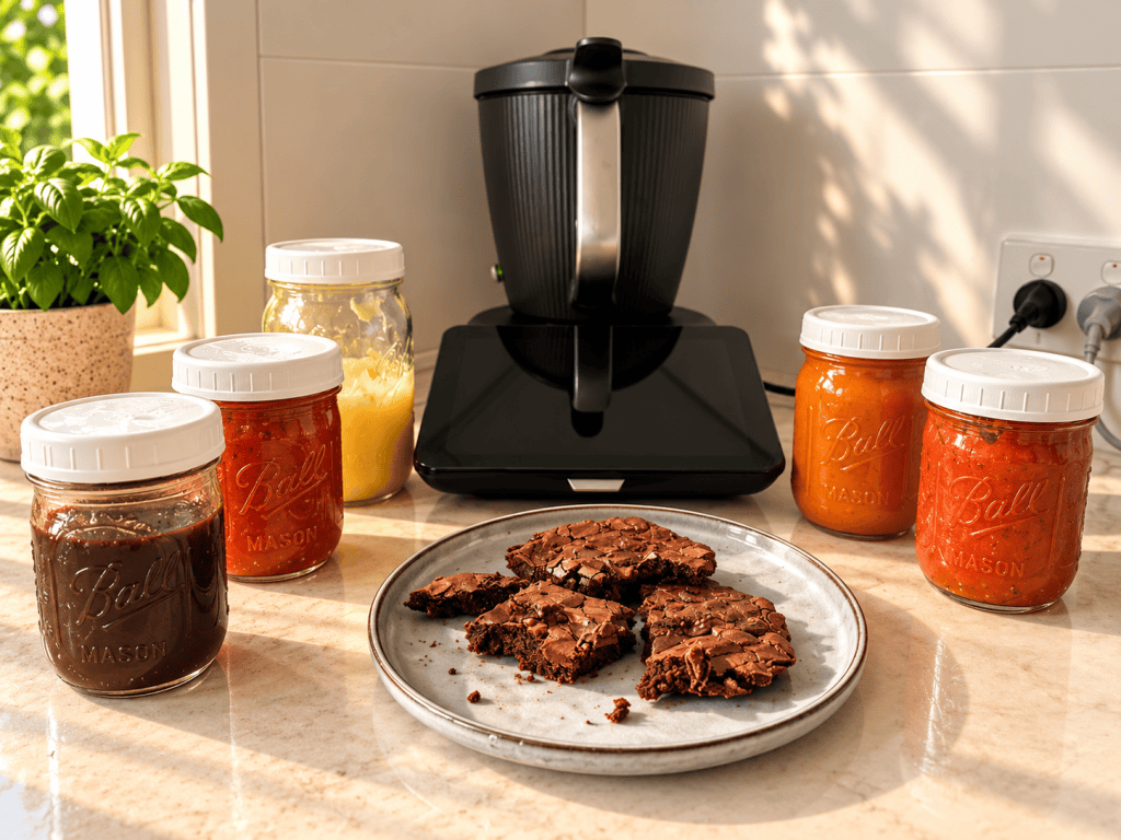 Homemade Brookies with jars of sauces and pantry staples beside a Thermomix® TM7.