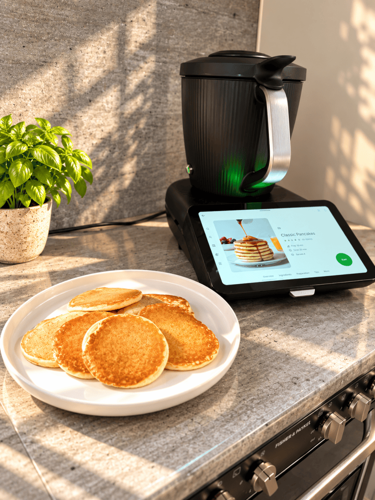 Fresh pancakes beside a Thermomix® TM7 displaying the Classic Pancakes recipe.